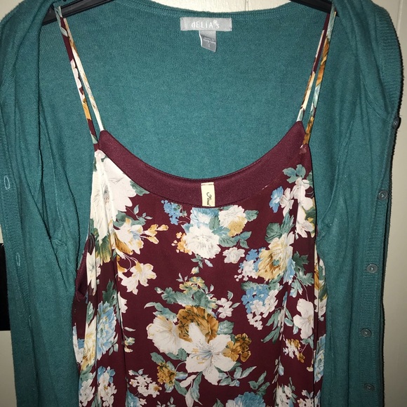 Teal cardigan & maroon spaghetti strap dress - Picture 2 of 4